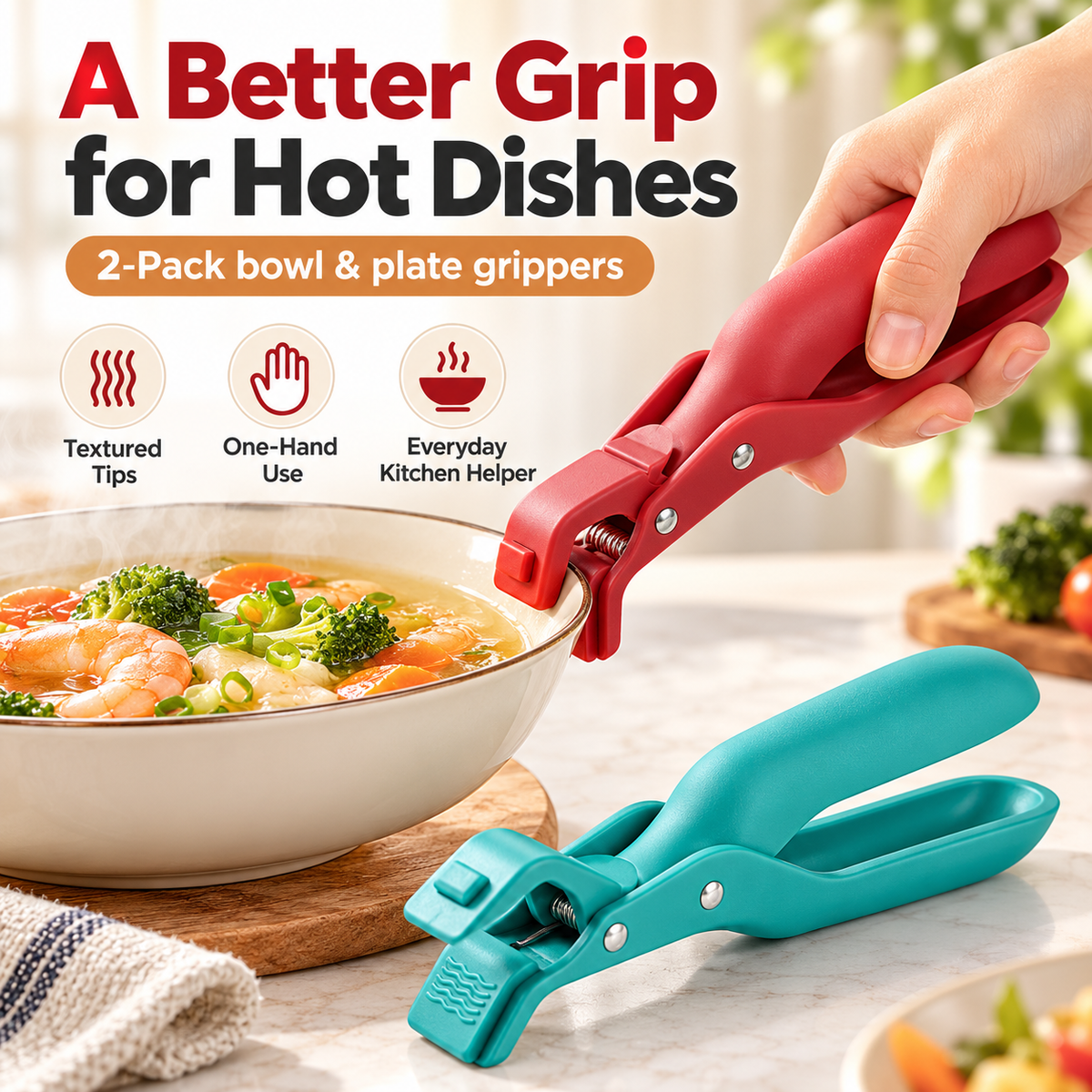 🔥 Limited-Time 50% OFF - 2-Pack Hot Bowl & Plate Grippers | Kitchen Safety Clips